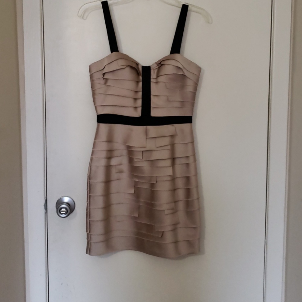Tan and black midi dress